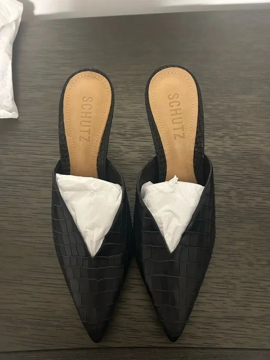 Schutz Charla Slip-On Black Croc Mule Heels - Picture 3 of 4